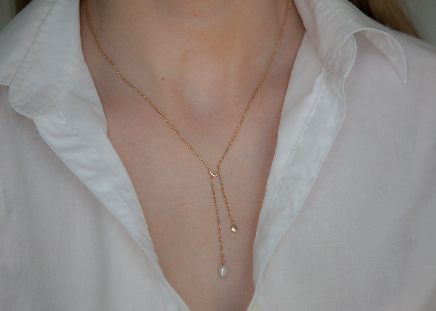 Zarte Y-Kette Anhänger Perle - 18 Karat vergoldet