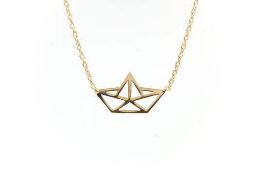Kette mit Origami Papierschiff - 16 Karat vergoldet