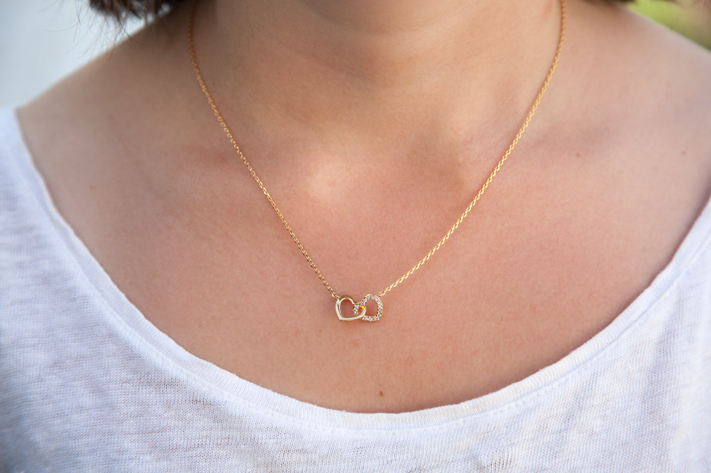 Halskette 2 Herzen mit Zirkonia 16K vergoldet