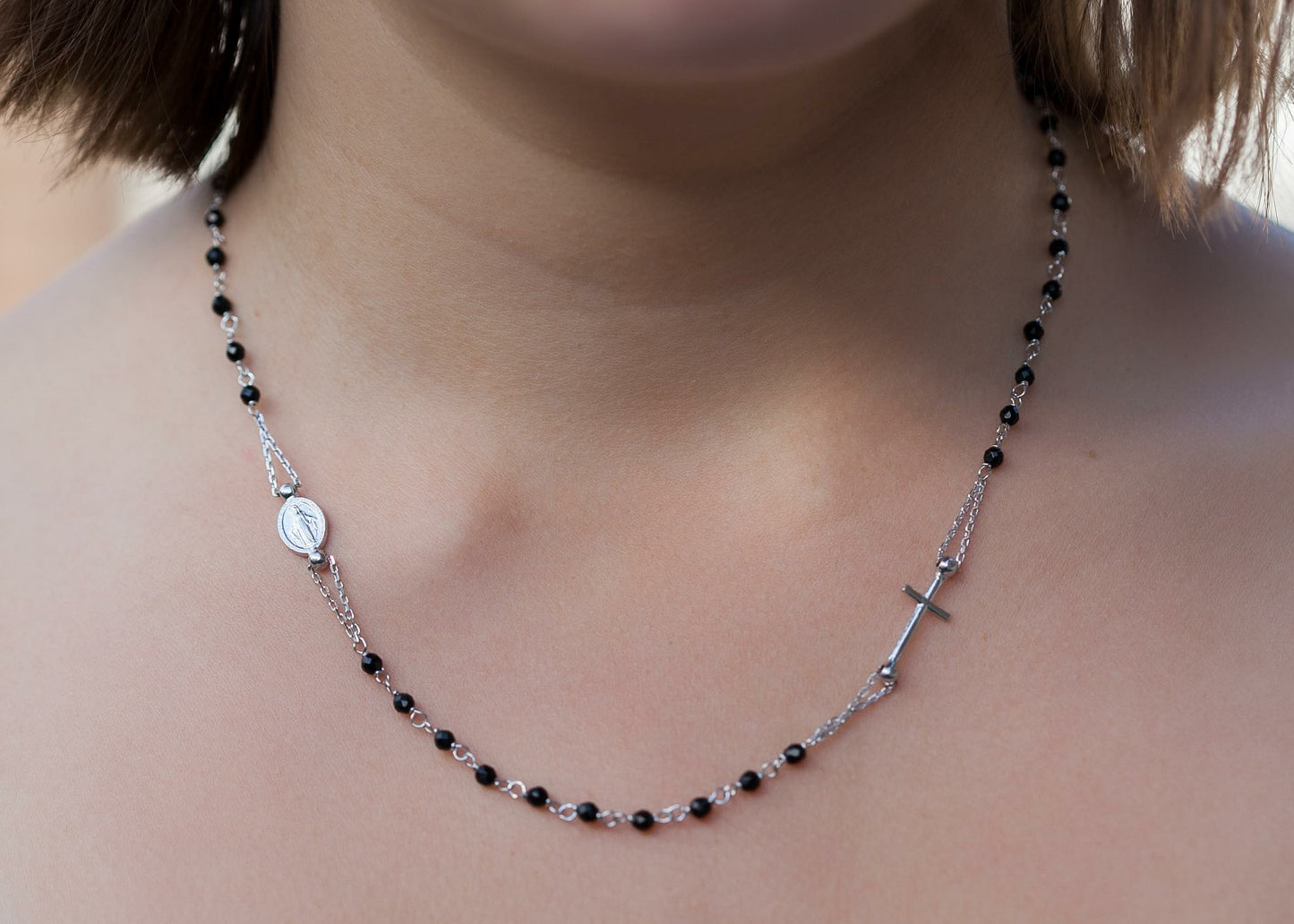 Halskette mit Rosenkranz aus 925er Silber, schwarz