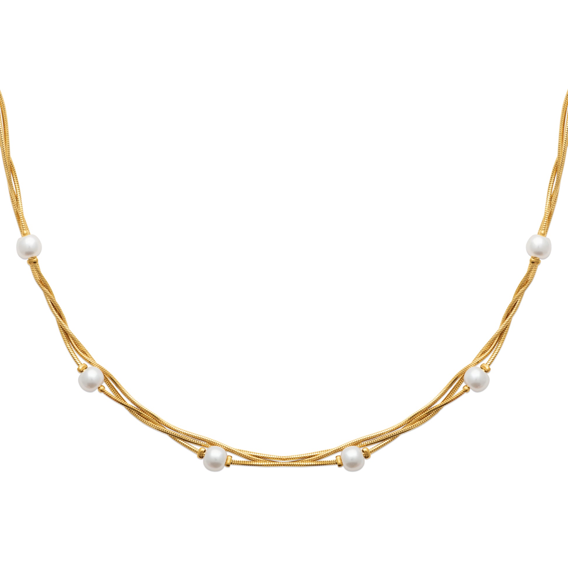 Dreireihige Halskette aus goldenem Edelstahl mit Perlen