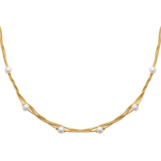 Dreireihige Halskette aus goldenem Edelstahl mit Perlen