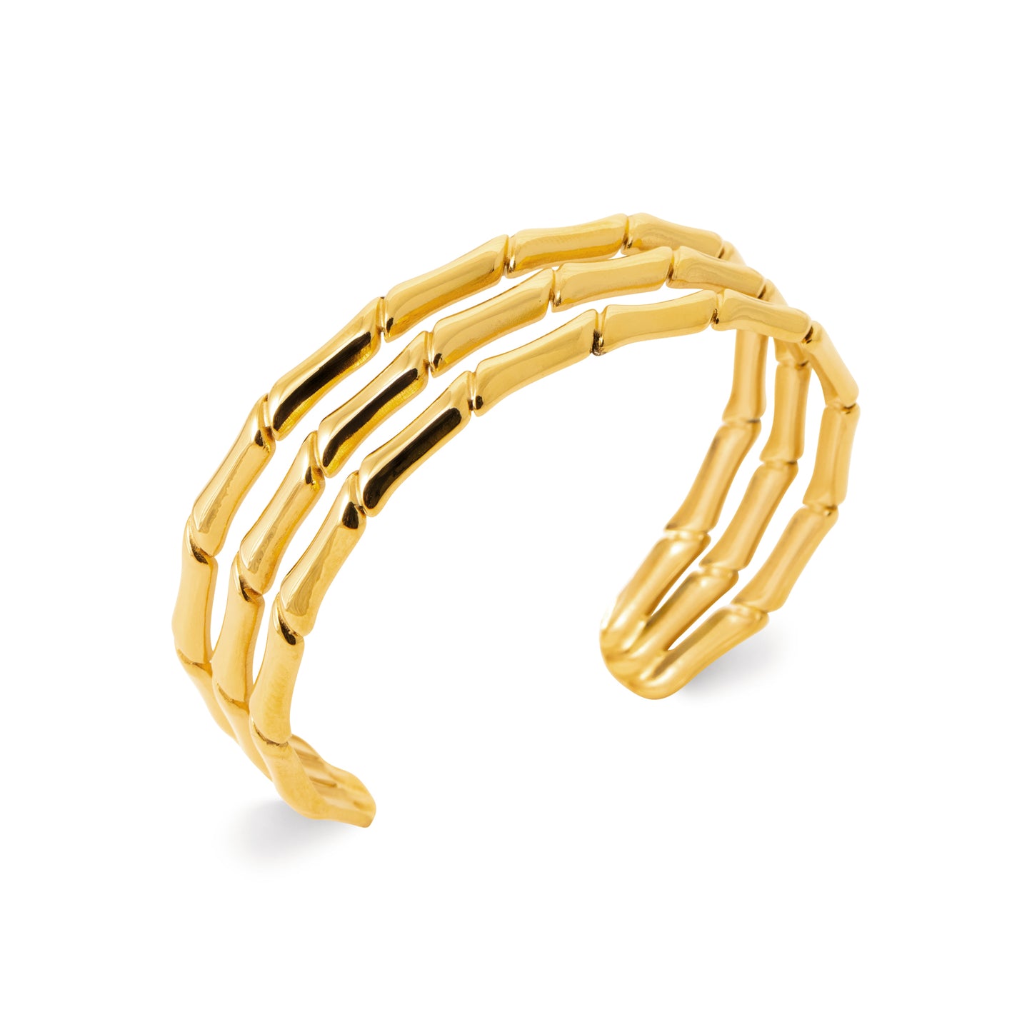 Goldfarbener Edelstahl Armreif – Bambus-Design, verstellbarer Triple-Armreif, wasserfest & langlebig