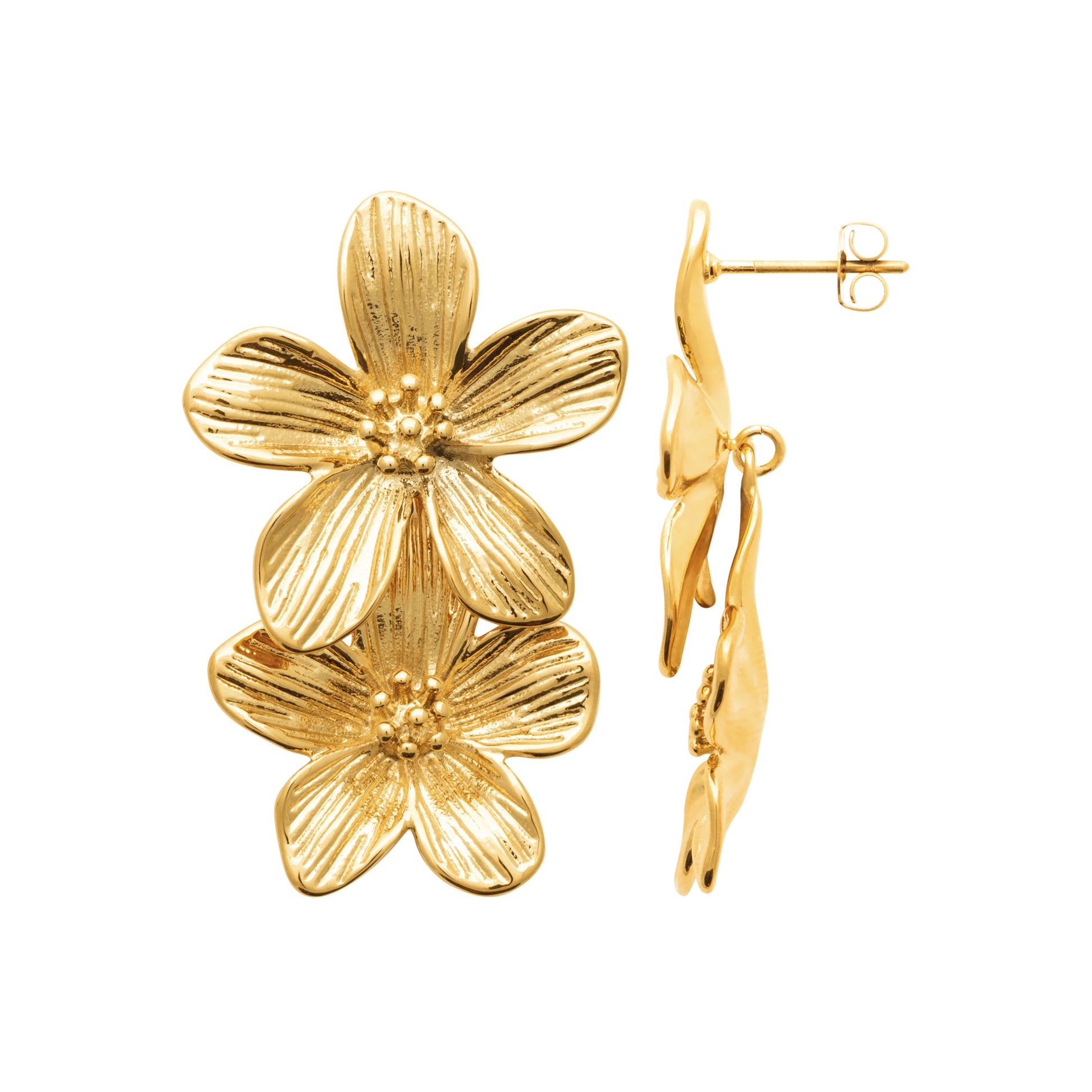 Doppelte Blumen-Ohrringe in goldfarbenem Edelstahl – Elegante goldene Blüten für einen raffinierten Look