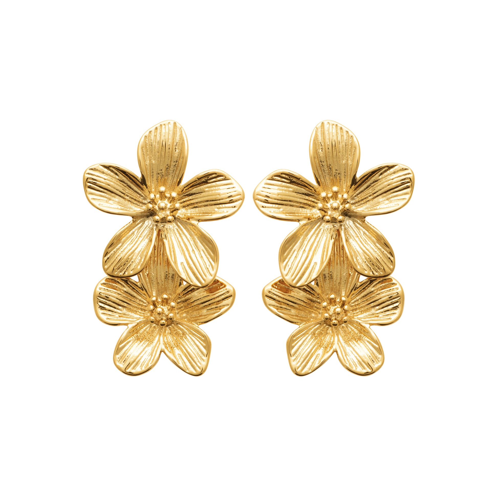Doppelte Blumen-Ohrringe in goldfarbenem Edelstahl – Elegante goldene Blüten für einen raffinierten Look