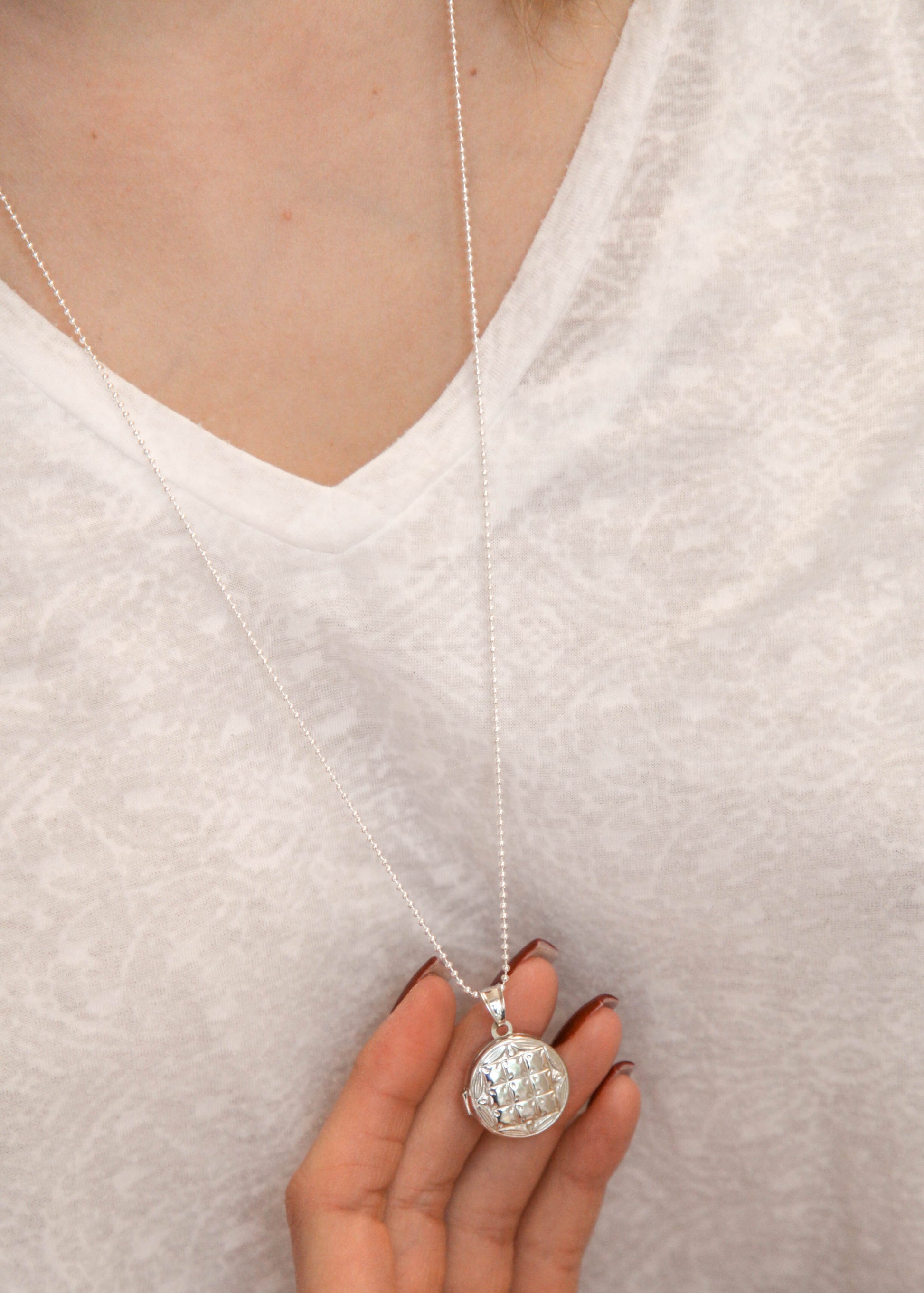 Lange Kette mit Rund Foto Medaillon - Sterling Silber