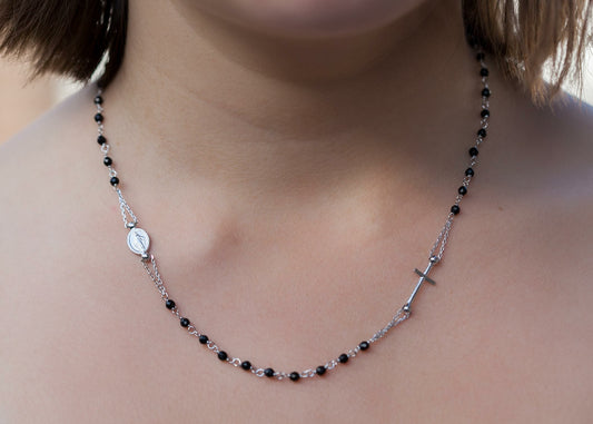 Halskette mit Rosenkranz aus 925er Silber, schwarz